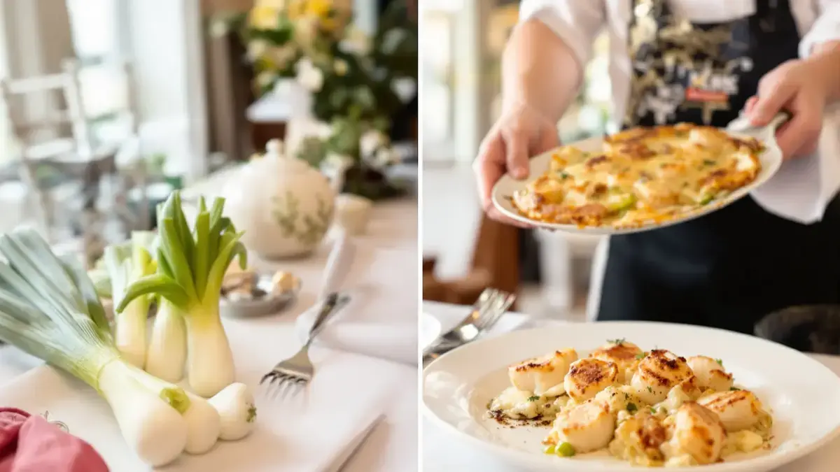 Een eenvoudige gratin van prei en sint-jakobsschelpen die steevast indruk maakt